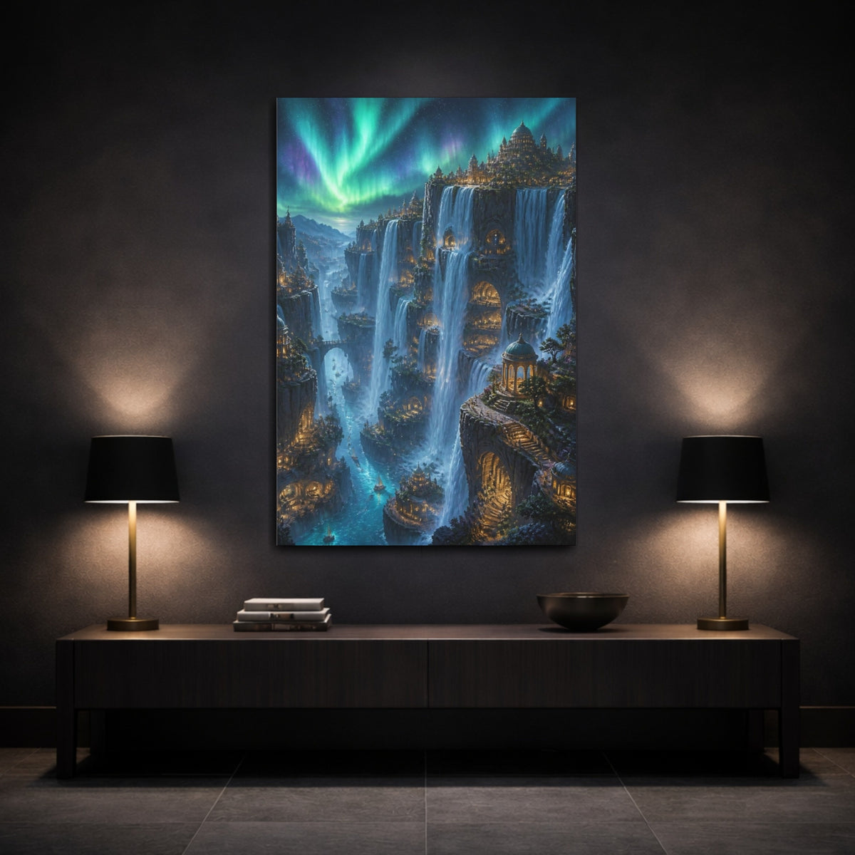 Mockup 3. Aurora Waterfall City shown as canvas print