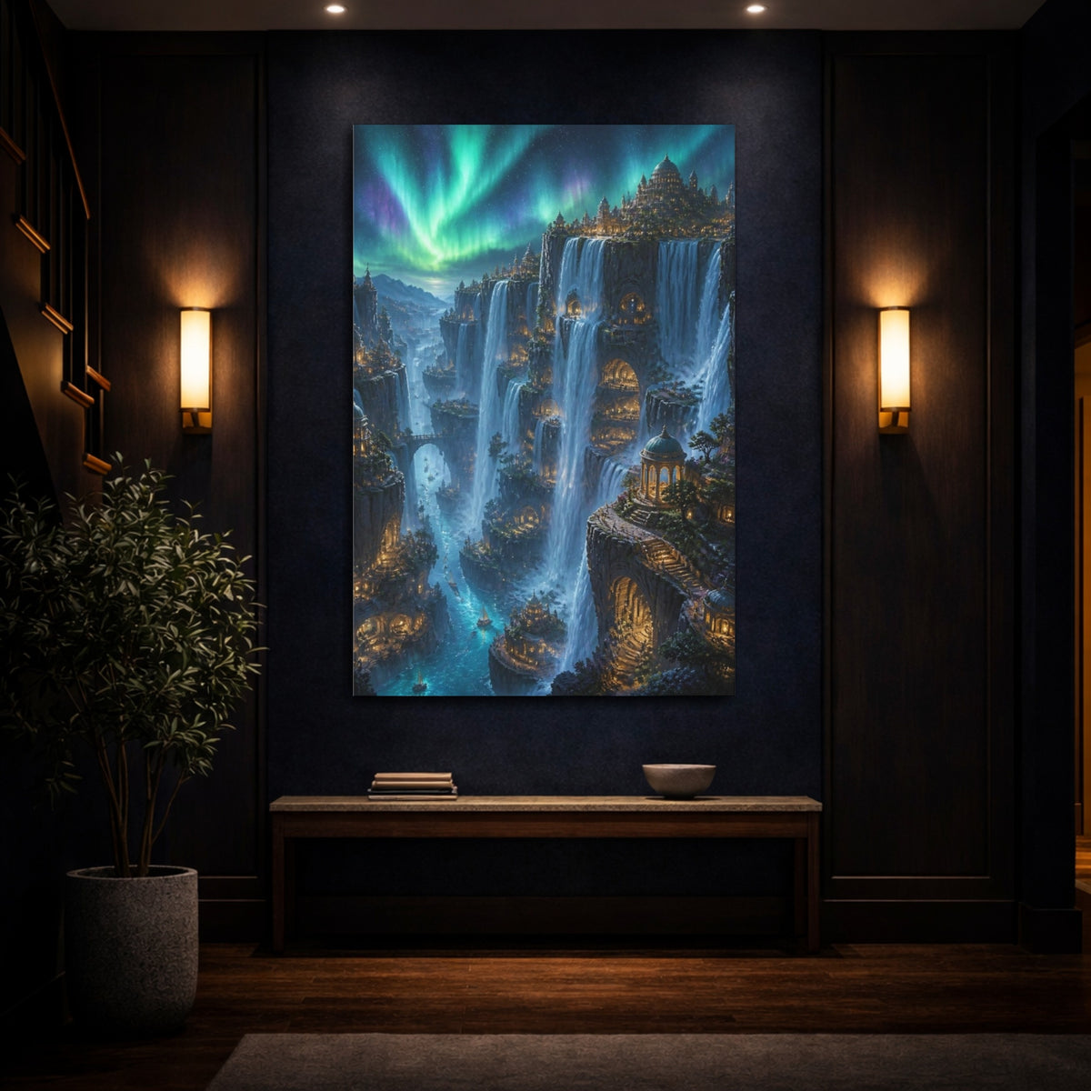 Mockup 4. Aurora Waterfall City shown as canvas print