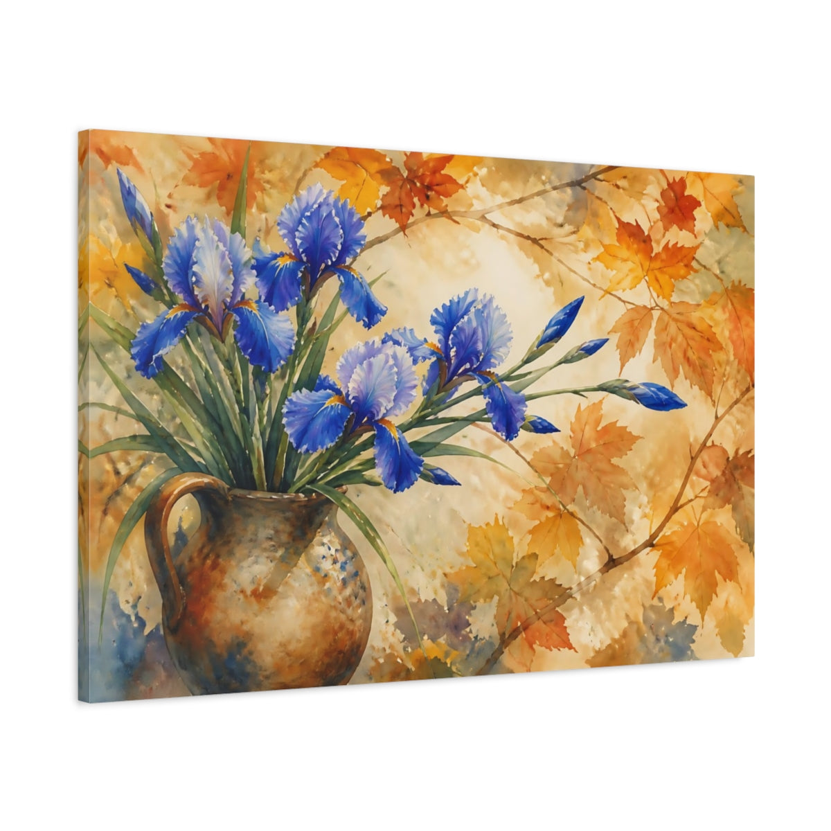 Main Mockup. Autumn Blue Irises In Jug shown as canvas print