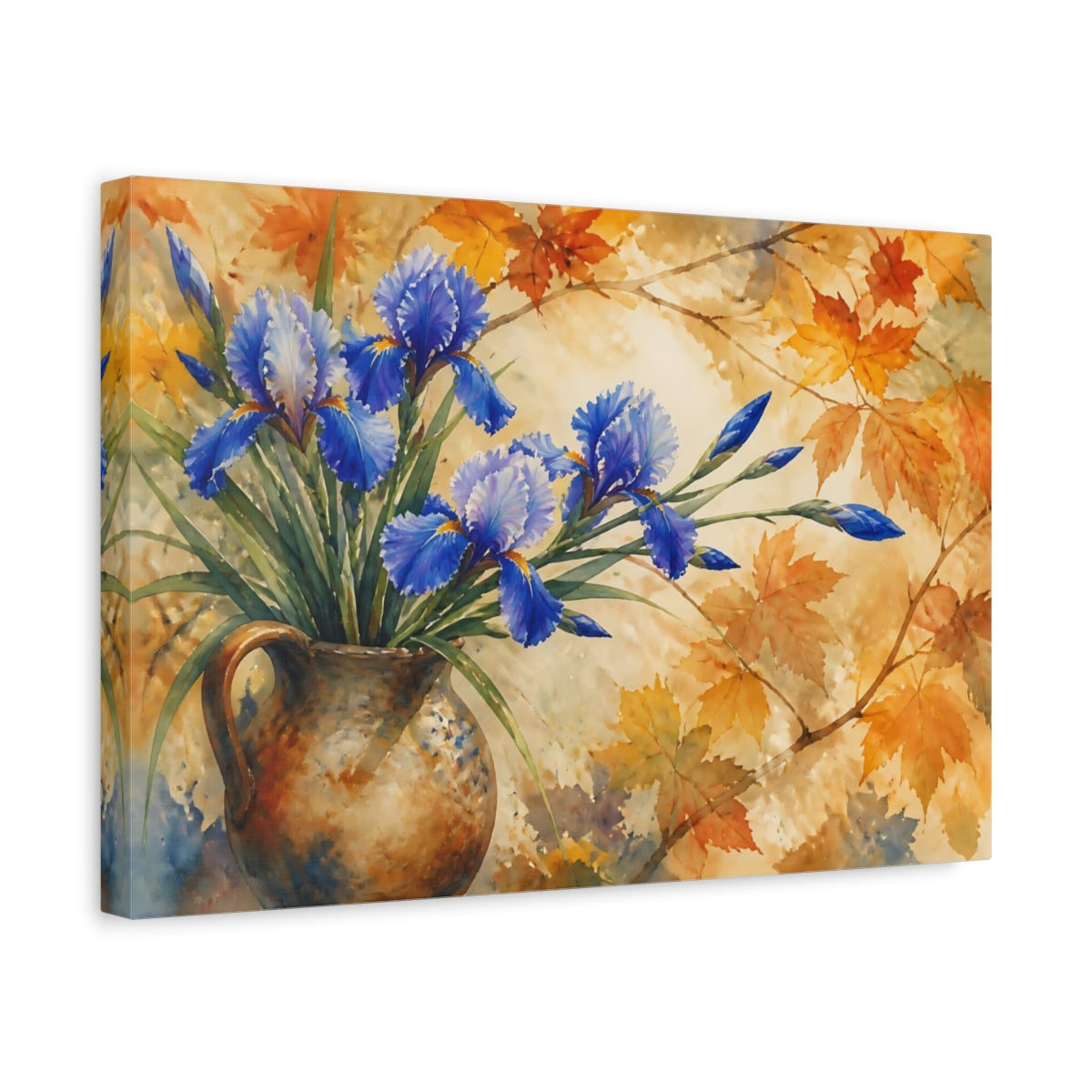 Side Mockup 4. Autumn Blue Irises In Jug shown as canvas print