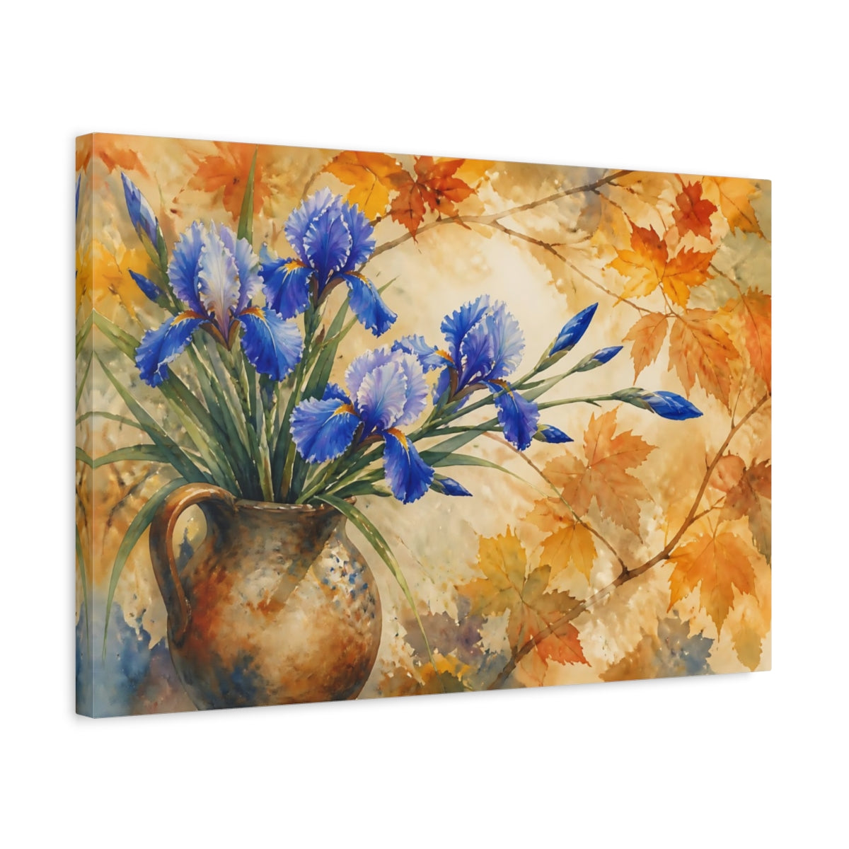 Side Mockup 3. Autumn Blue Irises In Jug shown as canvas print