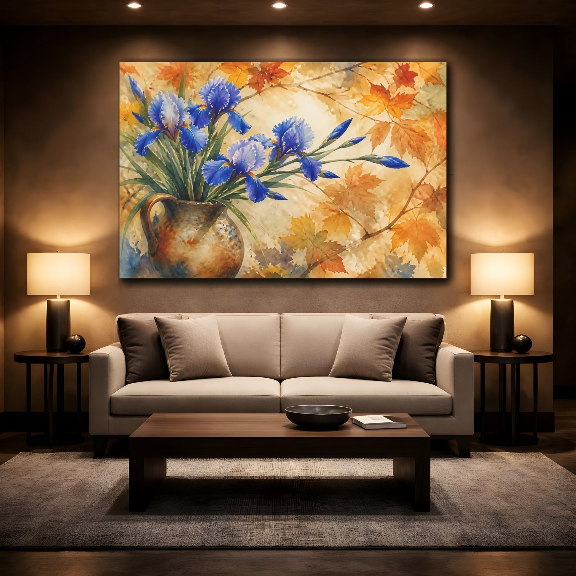 Mockup 2. Autumn Blue Irises In Jug shown as canvas print