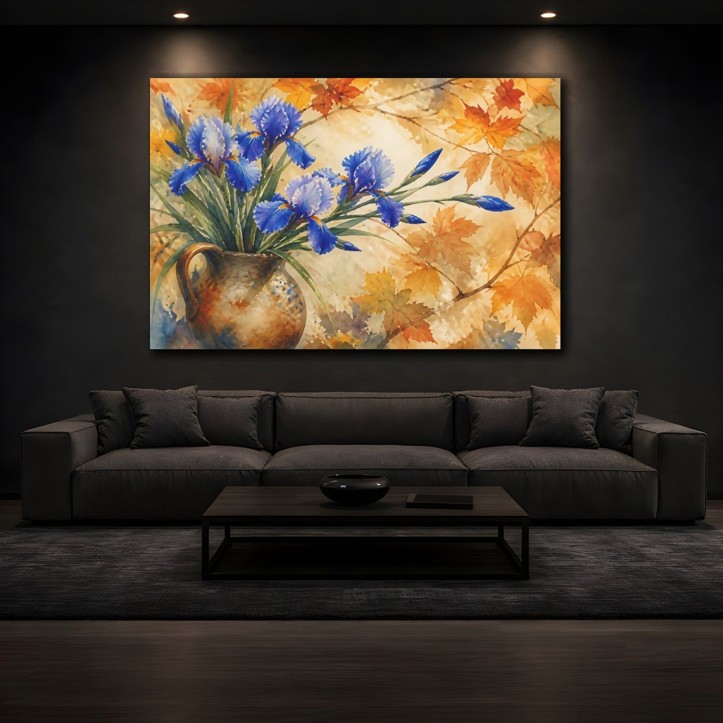 Mockup 3. Autumn Blue Irises In Jug shown as canvas print