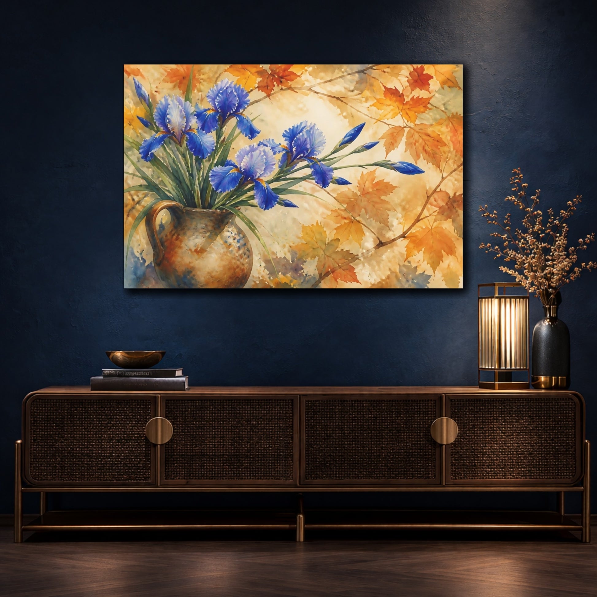 Mockup 4. Autumn Blue Irises In Jug shown as canvas print