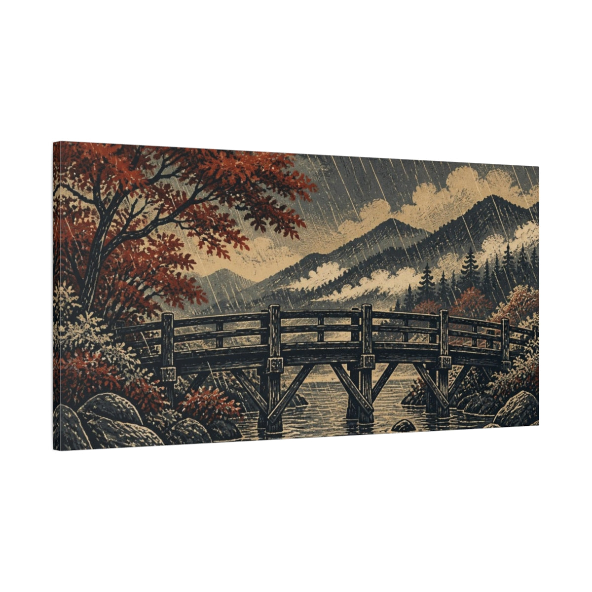 Main Mockup. Autumn Bridge In Rain shown as canvas print