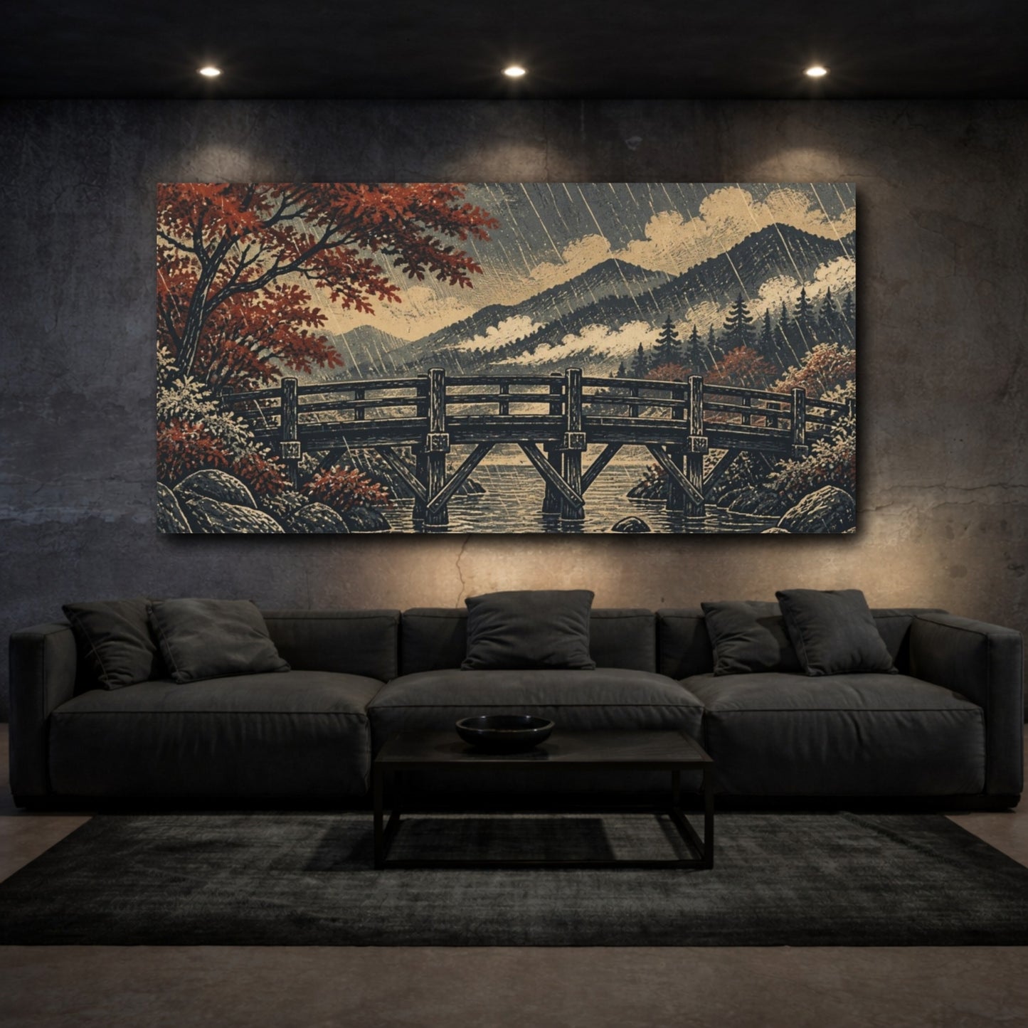 Mockup 3. Autumn Bridge In Rain shown as canvas print