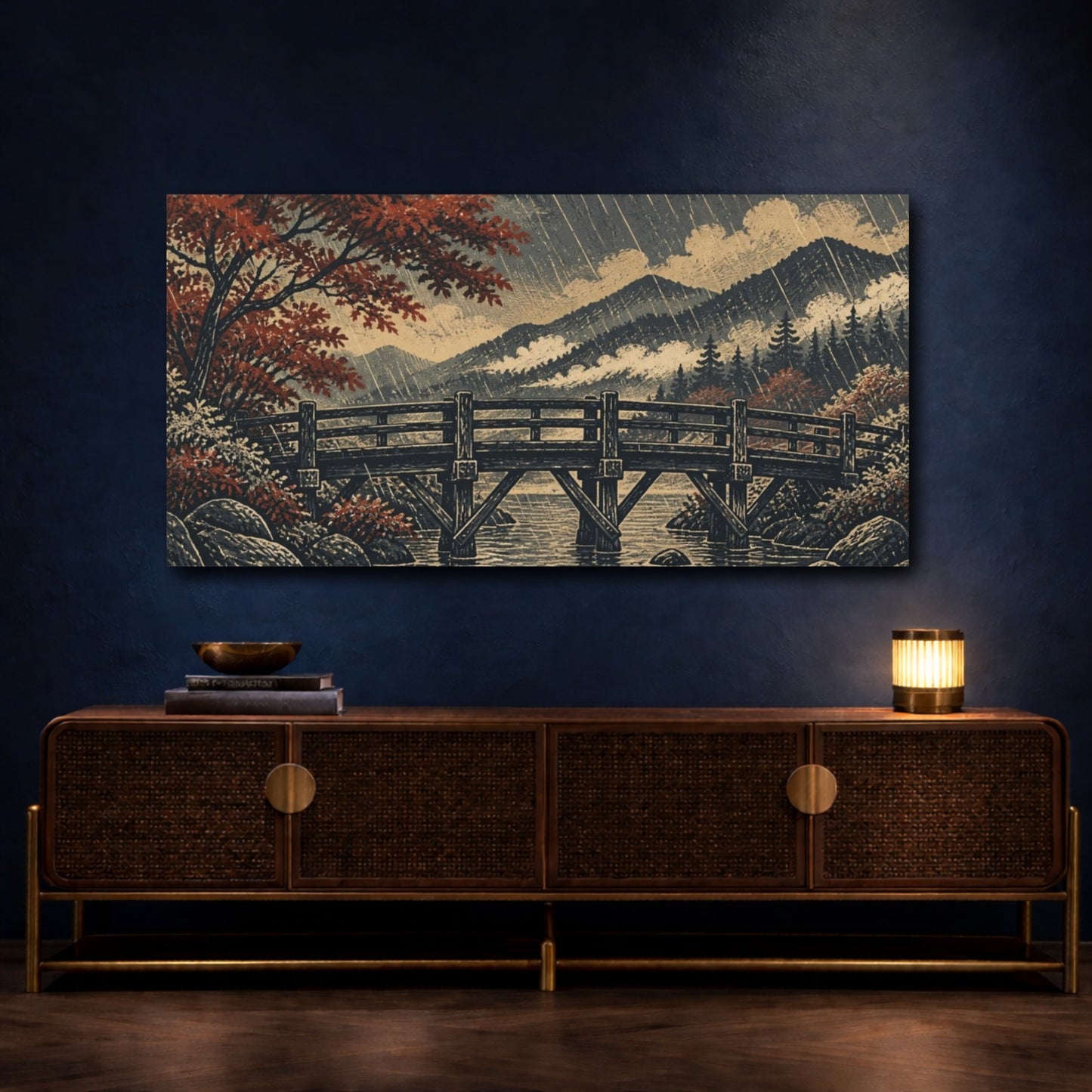 Mockup 4. Autumn Bridge In Rain shown as canvas print