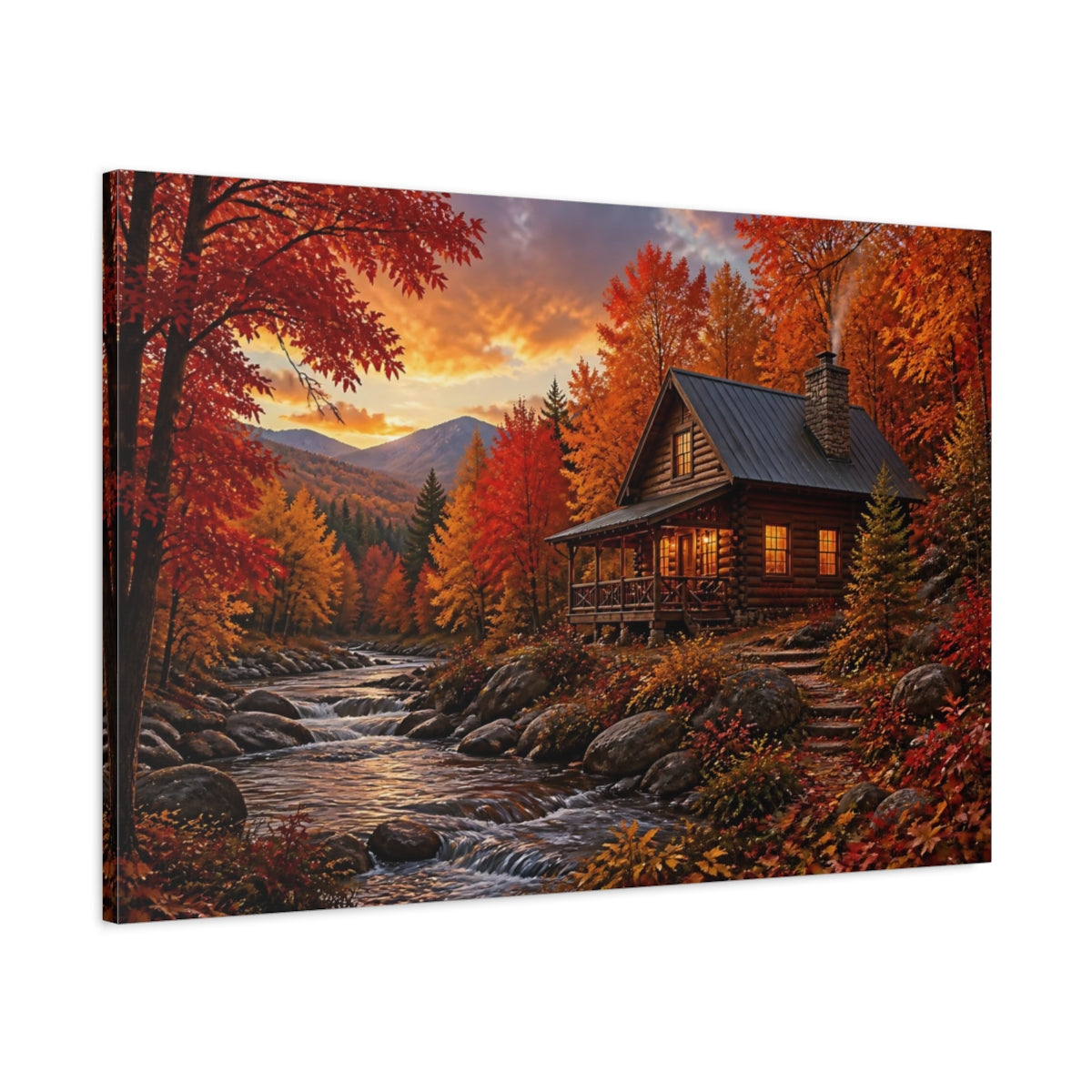 Main Mockup. Autumn Cabin Landscape shown as canvas print