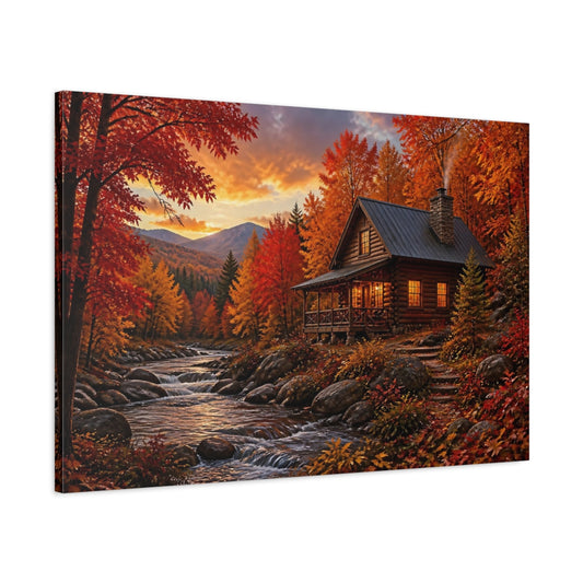 Main Mockup. Autumn Cabin Landscape shown as canvas print