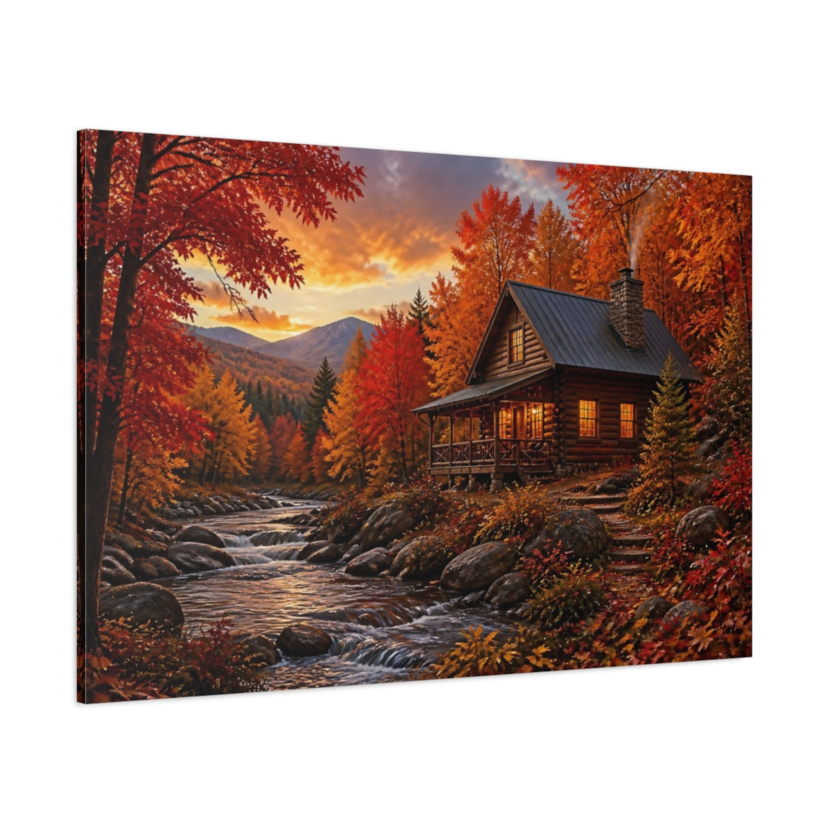 Side Mockup 1. Autumn Cabin Landscape shown as canvas print