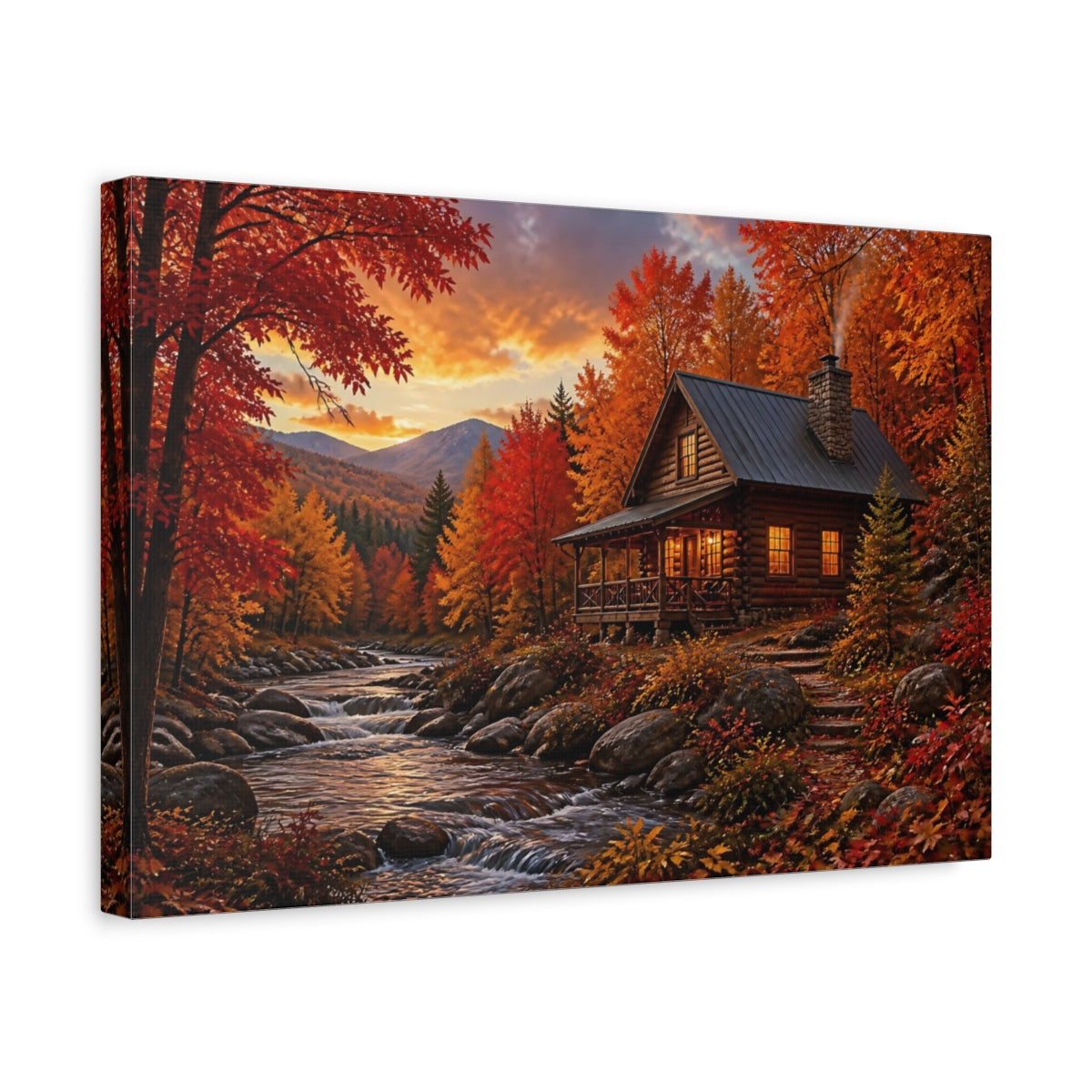 Side Mockup 4. Autumn Cabin Landscape shown as canvas print