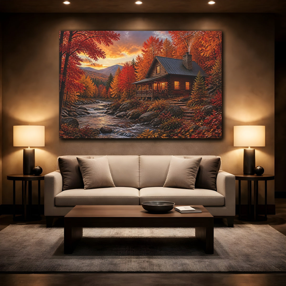 Mockup 2. Autumn Cabin Landscape shown as canvas print