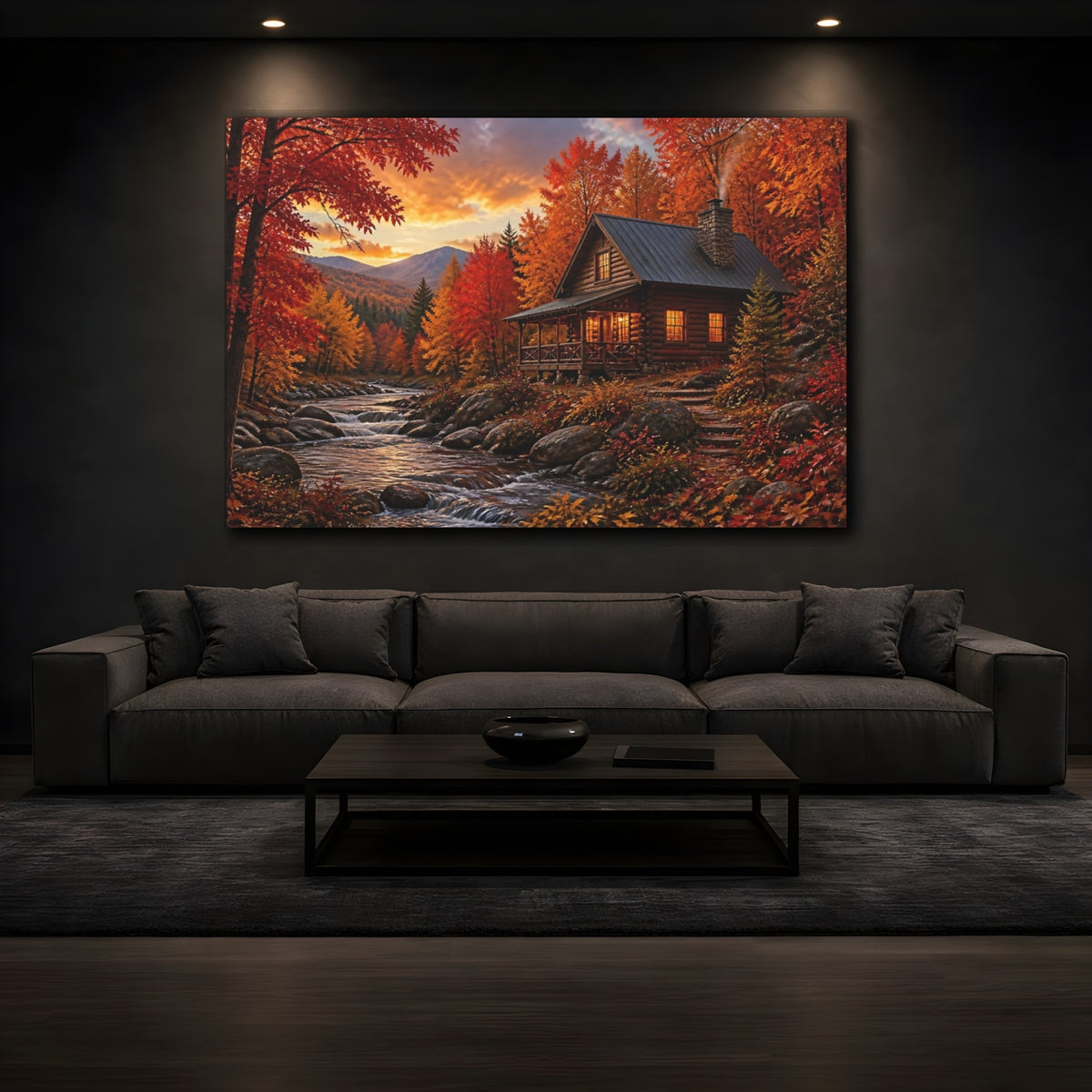 Mockup 3. Autumn Cabin Landscape shown as canvas print