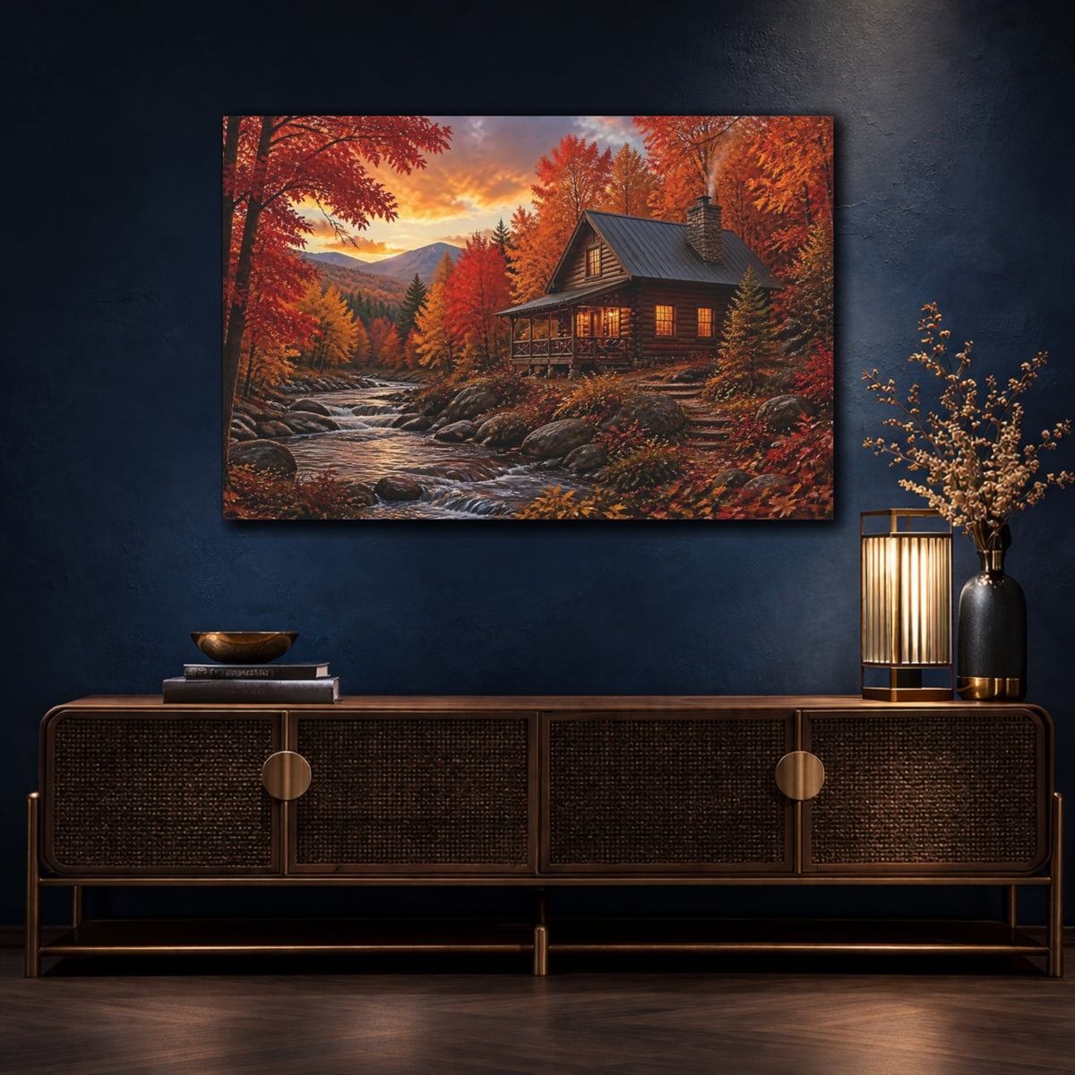 Mockup 4. Autumn Cabin Landscape shown as canvas print