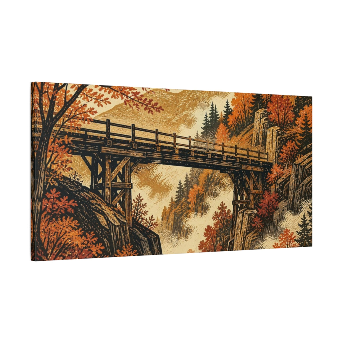 Main Mockup. Autumn Gorge Bridge shown as canvas print