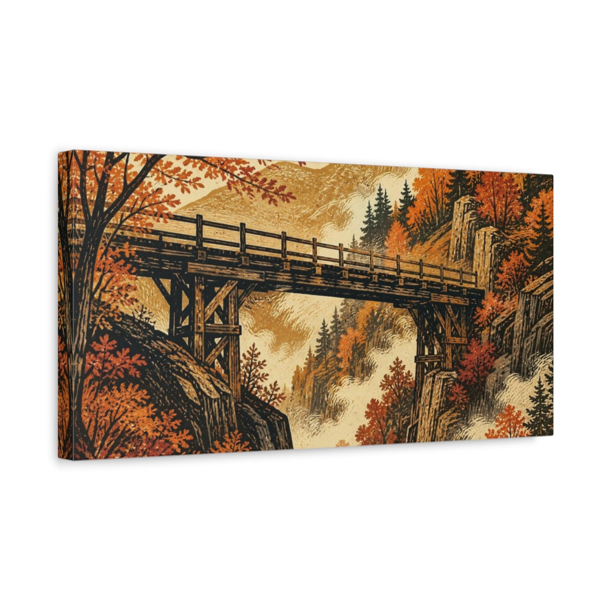 Side Mockup 3. Autumn Gorge Bridge shown as canvas print