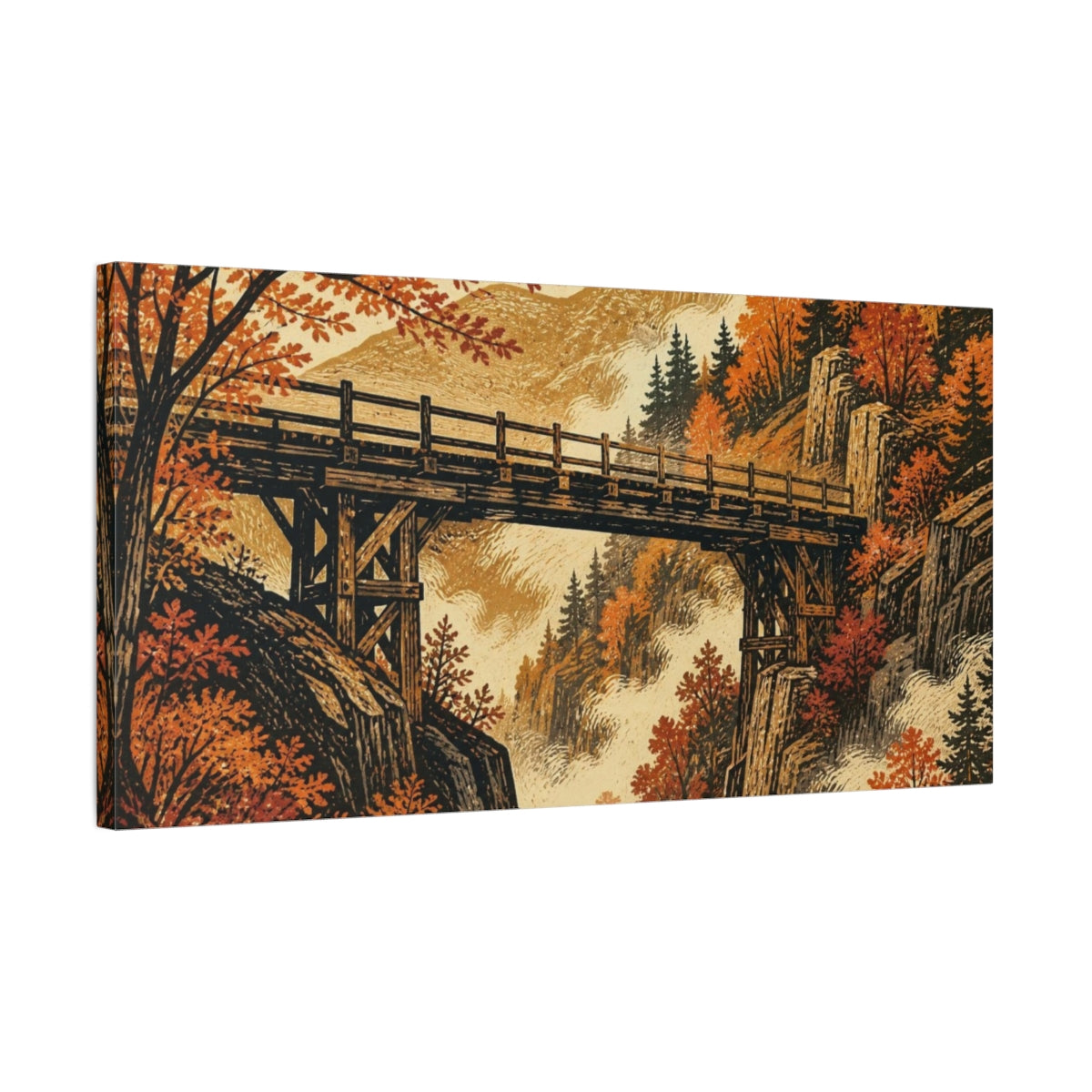 Side Mockup 1. Autumn Gorge Bridge shown as canvas print