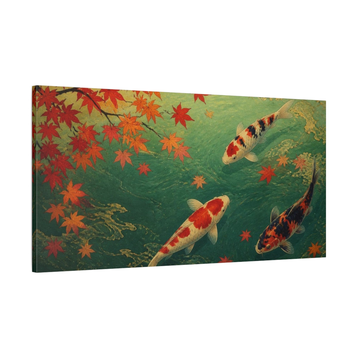 Main Mockup. Autumn Koi Beneath Maple Leaves shown as canvas print