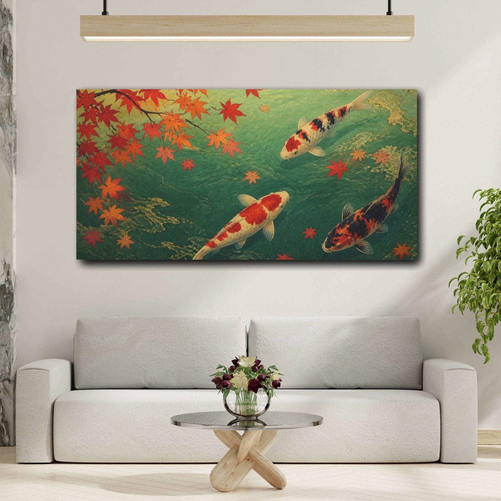 Mockup 2. Autumn Koi Beneath Maple Leaves shown as canvas print
