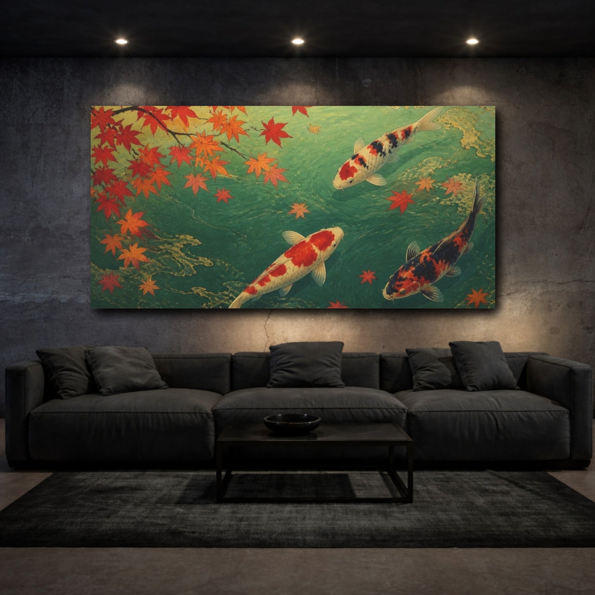 Mockup 3. Autumn Koi Beneath Maple Leaves shown as canvas print