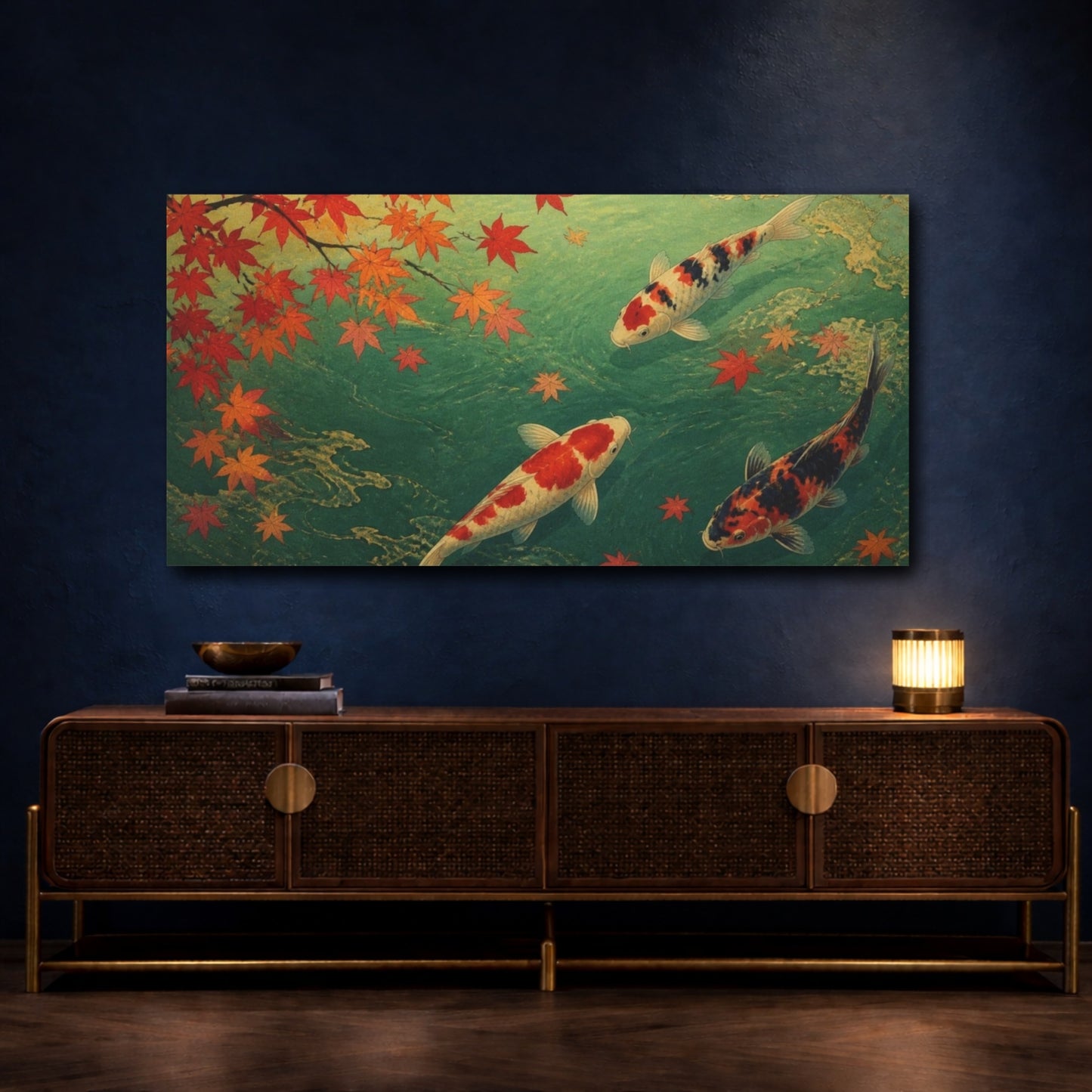 Mockup 4. Autumn Koi Beneath Maple Leaves shown as canvas print