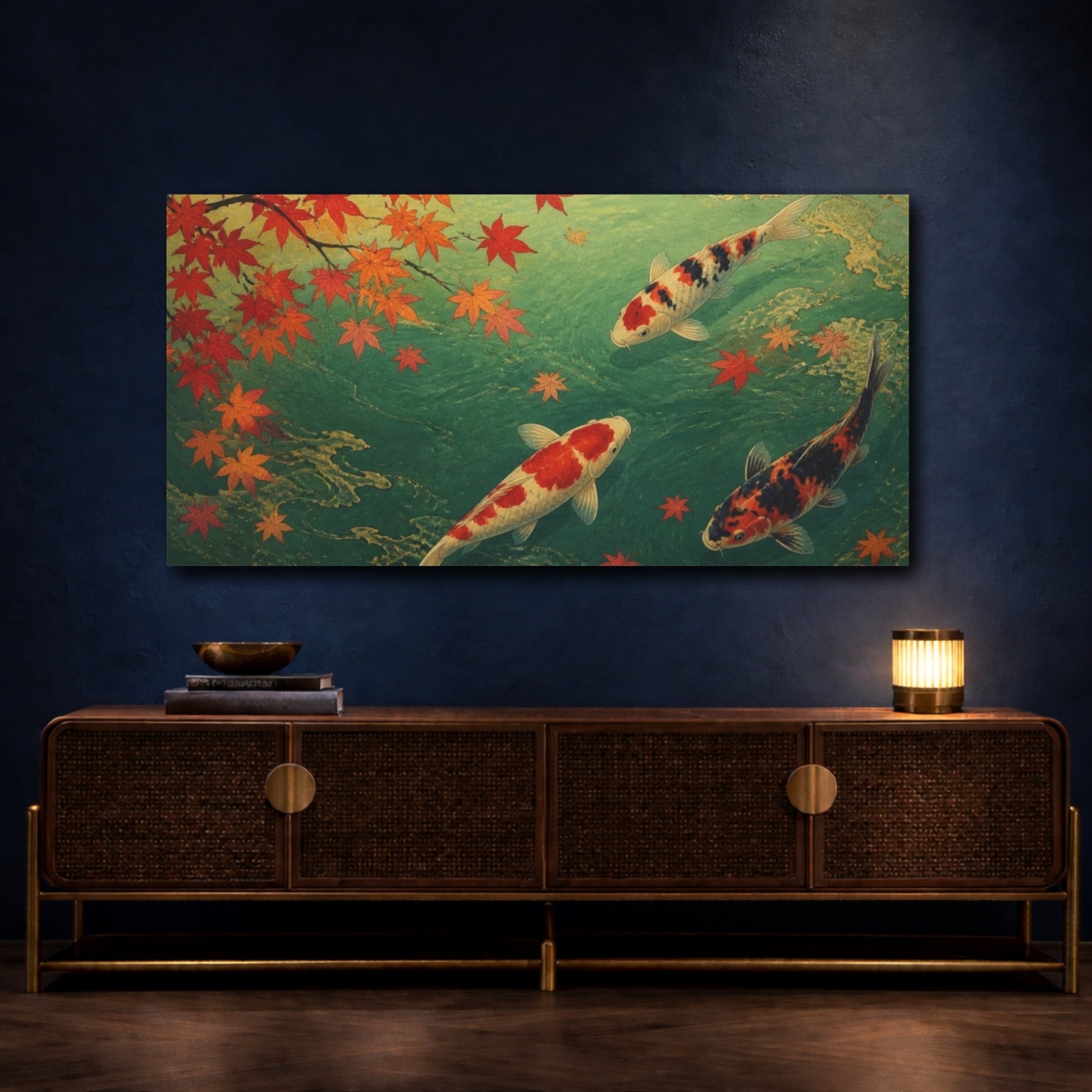 Mockup 4. Autumn Koi Beneath Maple Leaves shown as canvas print