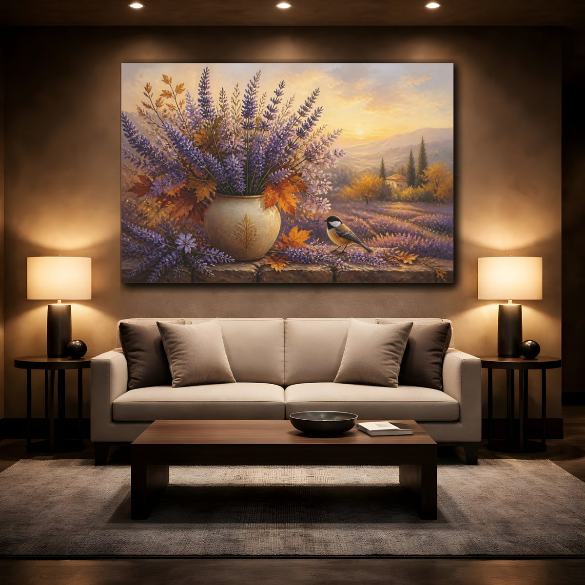 Mockup 2. Autumn Lavender Sunrise shown as canvas print