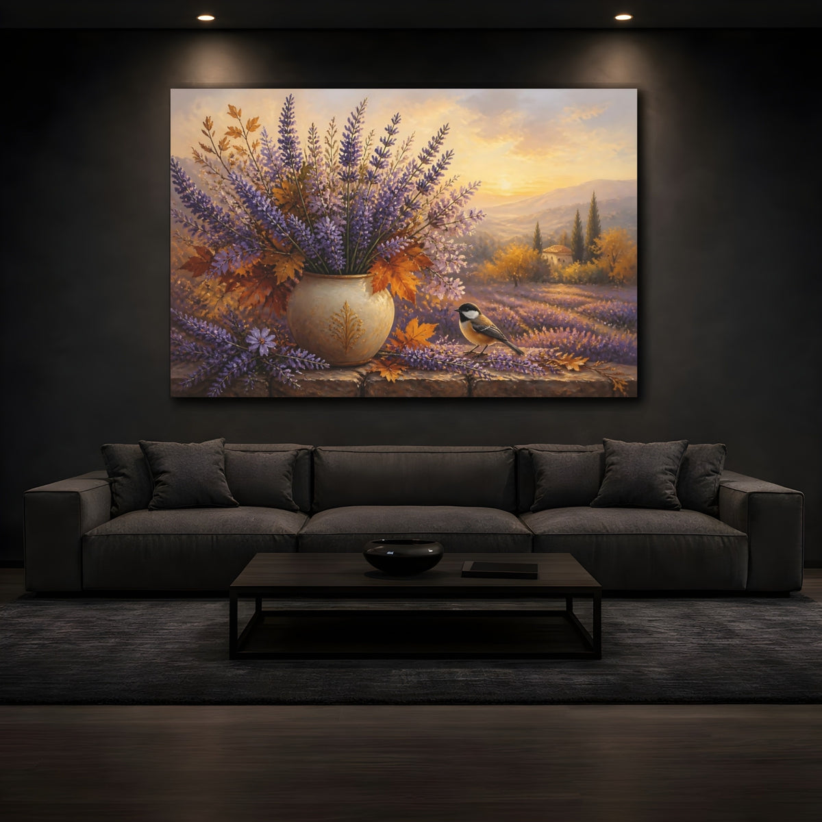 Mockup 3. Autumn Lavender Sunrise shown as canvas print