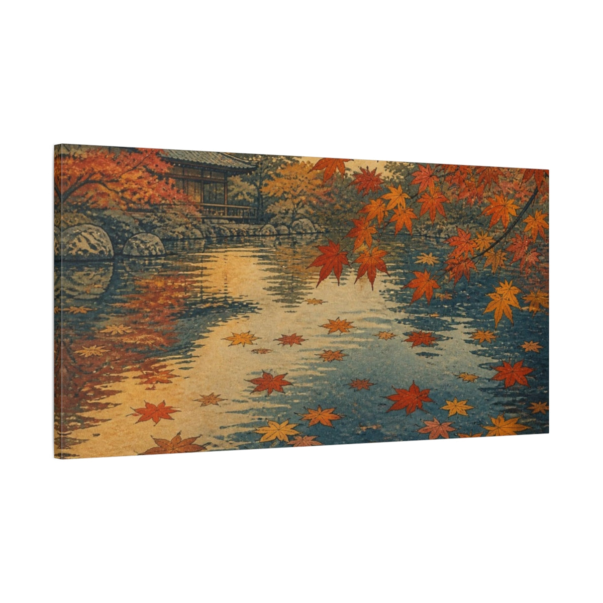 Main Mockup. Autumn Maples At Temple Pond shown as canvas print