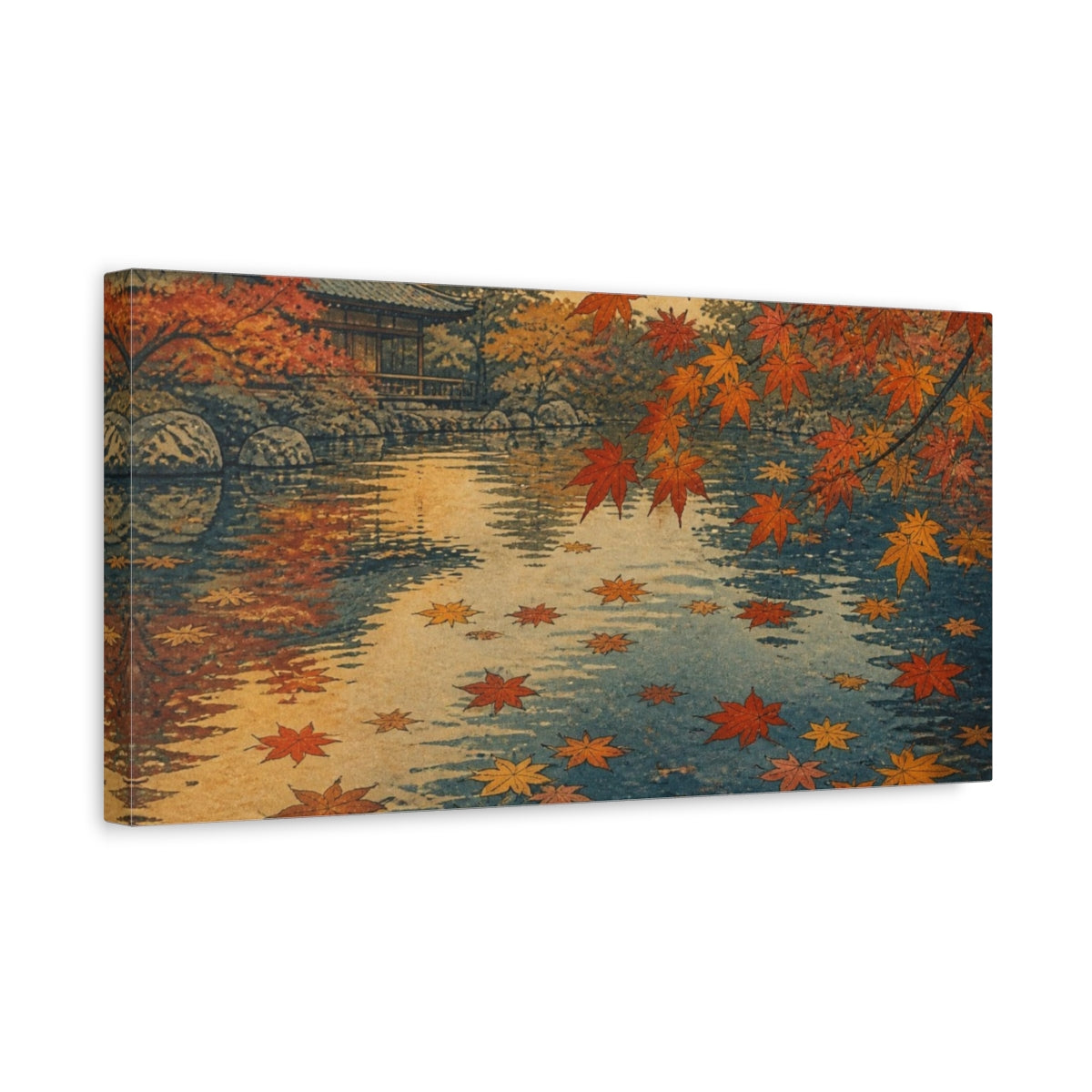 Side Mockup 3. Autumn Maples At Temple Pond shown as canvas print