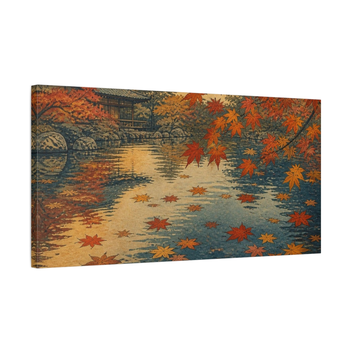 Side Mockup 1. Autumn Maples At Temple Pond shown as canvas print