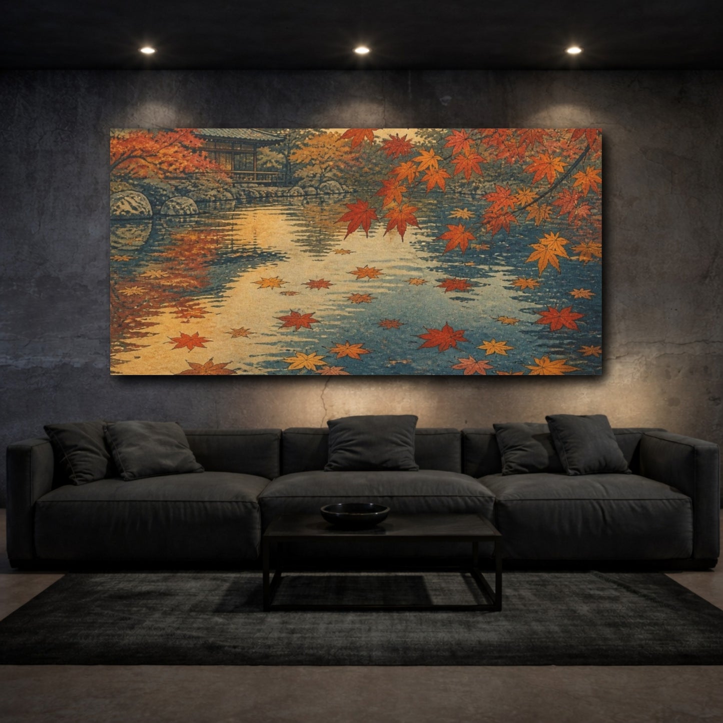 Mockup 3. Autumn Maples At Temple Pond shown as canvas print