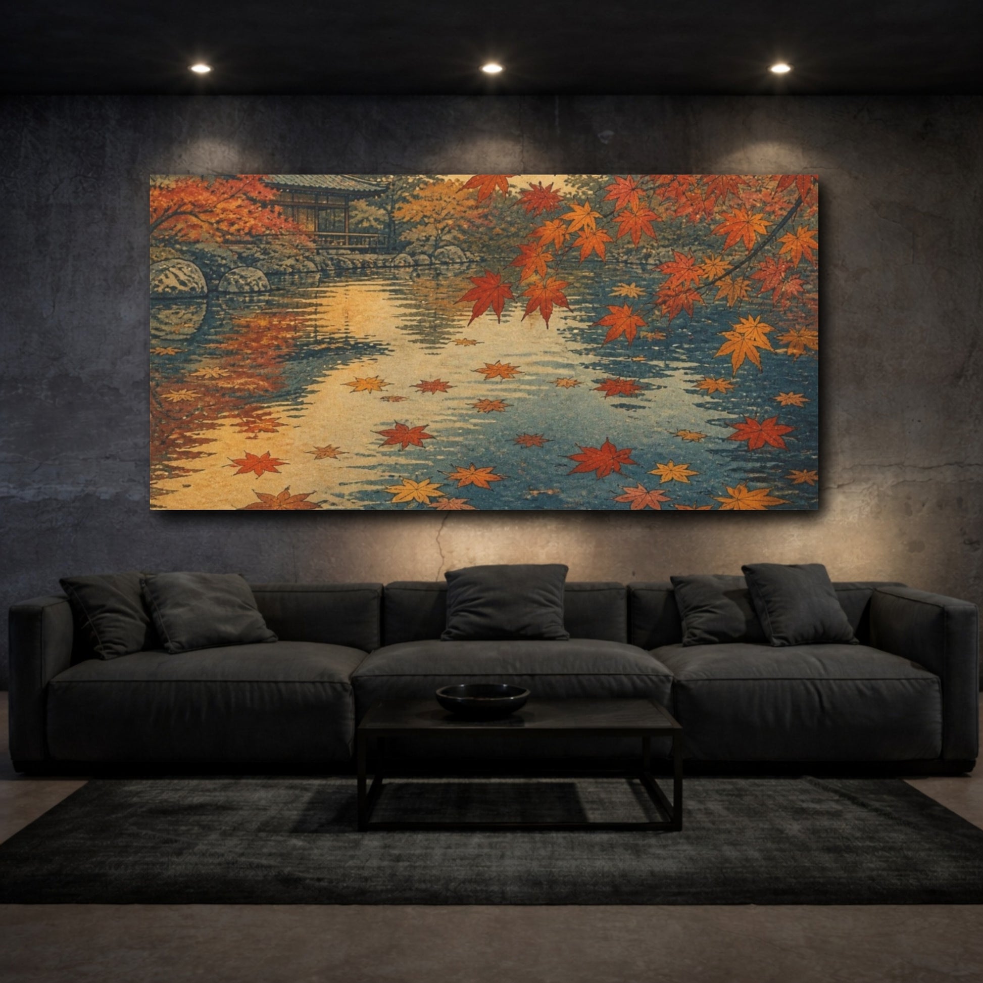 Mockup 3. Autumn Maples At Temple Pond shown as canvas print