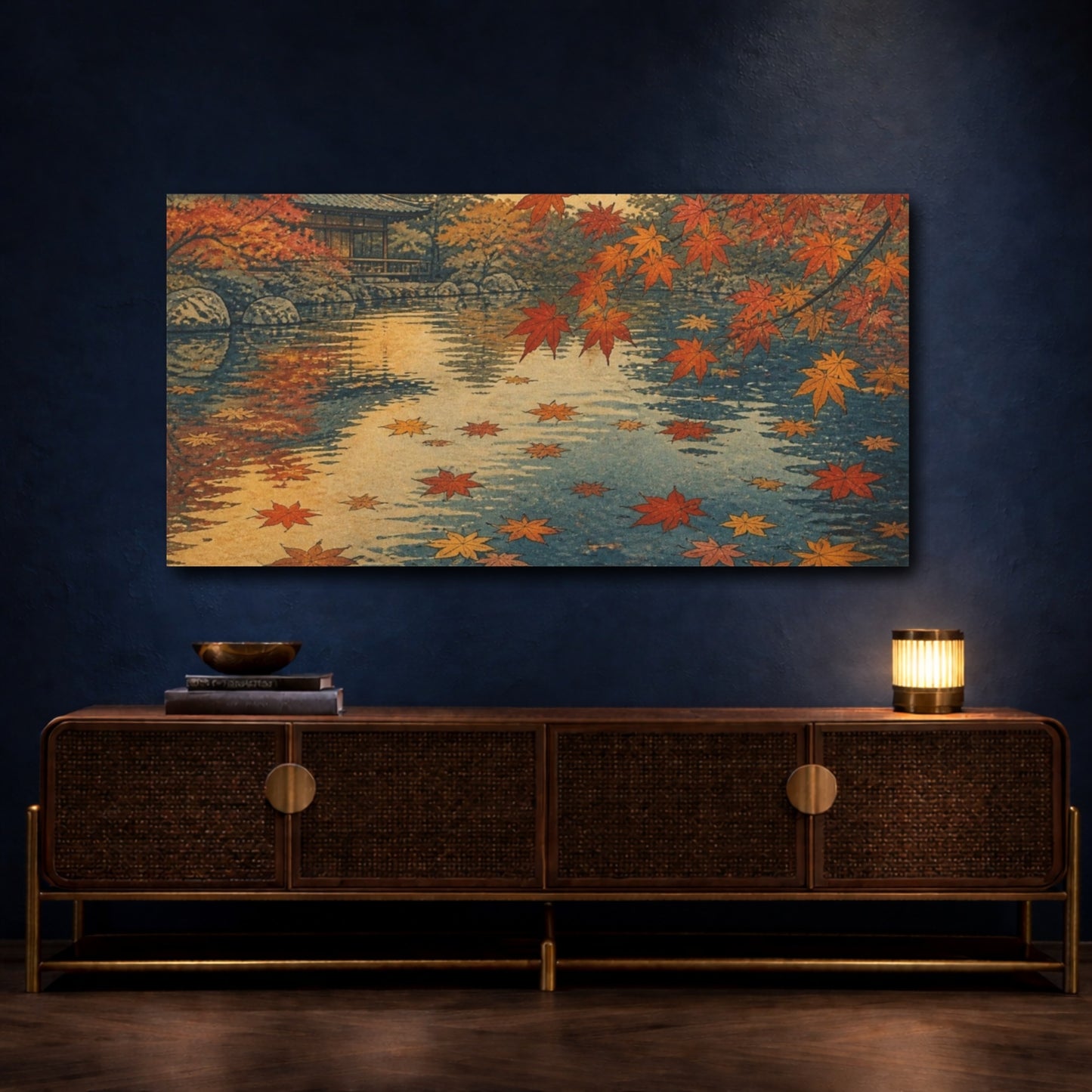 Mockup 4. Autumn Maples At Temple Pond shown as canvas print