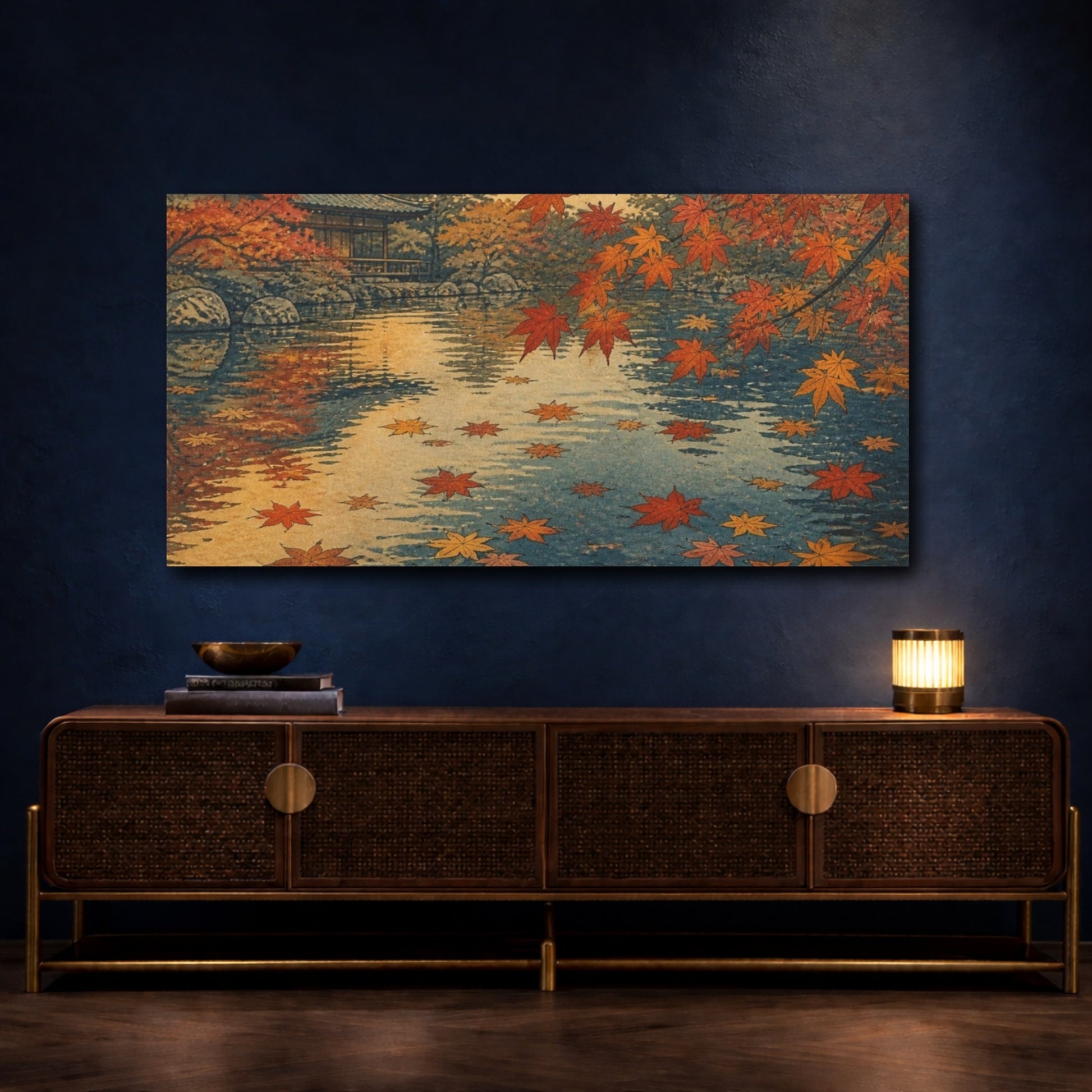Mockup 4. Autumn Maples At Temple Pond shown as canvas print