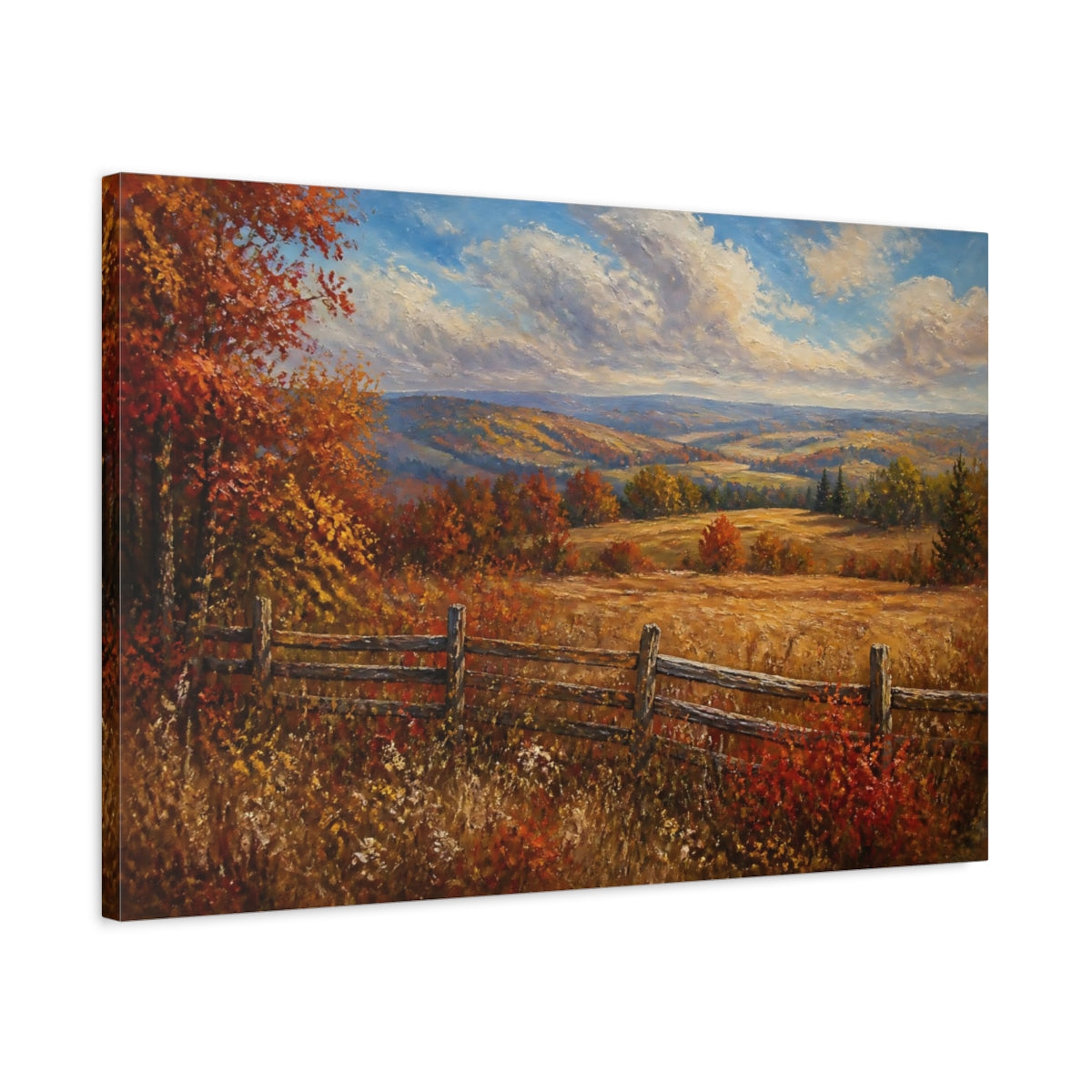 Side Mockup 2. Autumn Meadow With Fence shown as canvas print