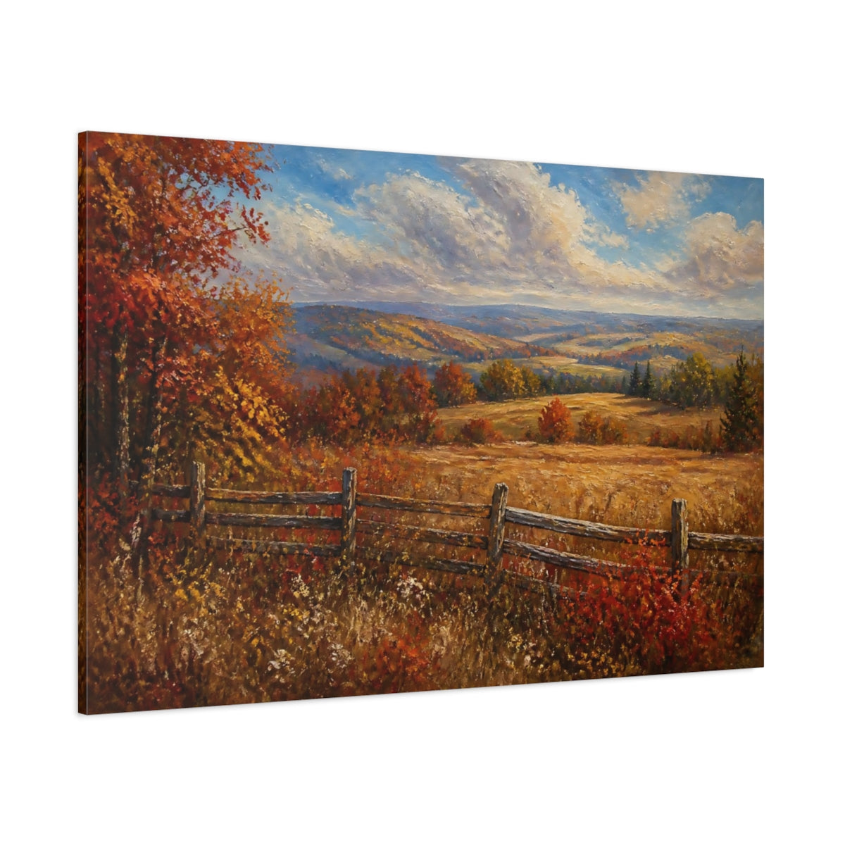 Side Mockup 1. Autumn Meadow With Fence shown as canvas print