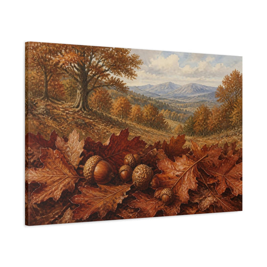 Main Mockup. Autumn Oak Acorns shown as canvas print