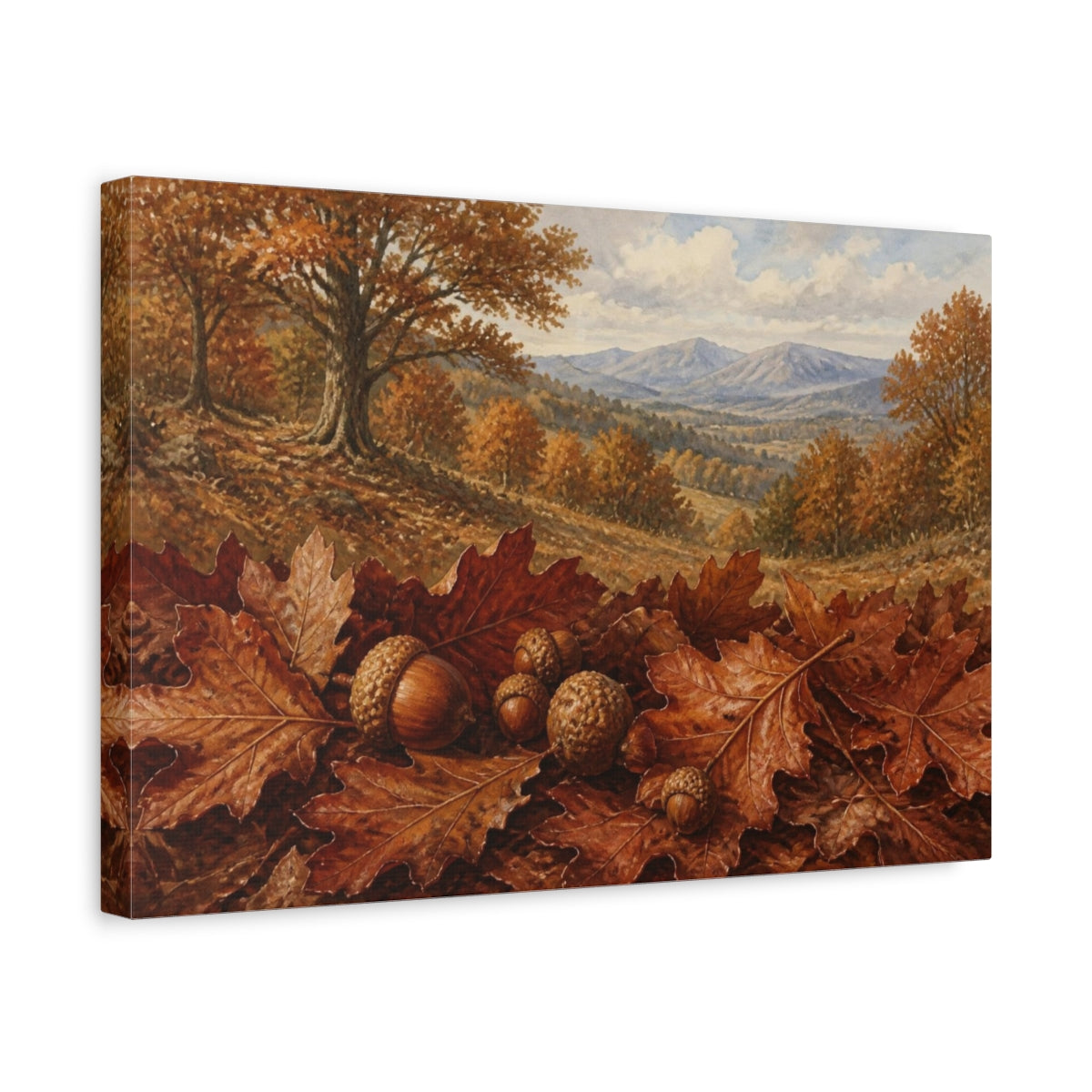 Side Mockup 4. Autumn Oak Acorns shown as canvas print