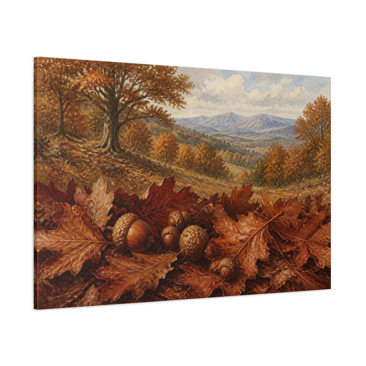 Side Mockup 1. Autumn Oak Acorns shown as canvas print