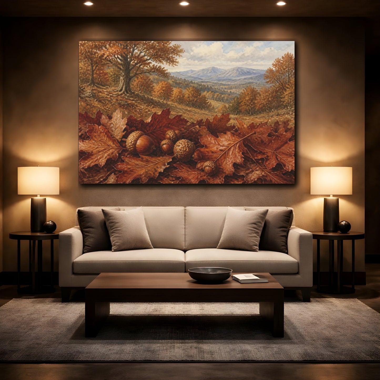 Mockup 2. Autumn Oak Acorns shown as canvas print
