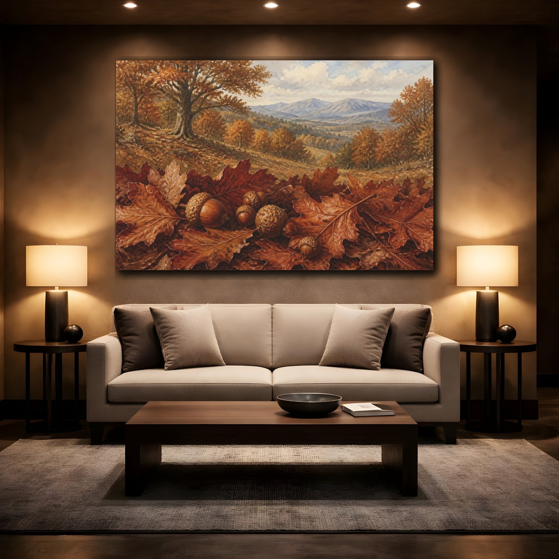 Mockup 2. Autumn Oak Acorns shown as canvas print