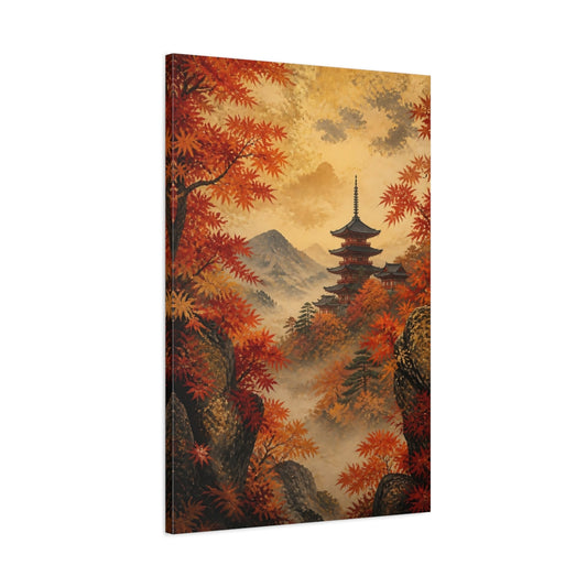 Main Mockup. Autumn Pagoda In Mist shown as canvas print