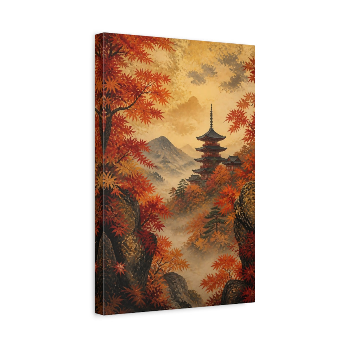 Side Mockup 4. Autumn Pagoda In Mist shown as canvas print