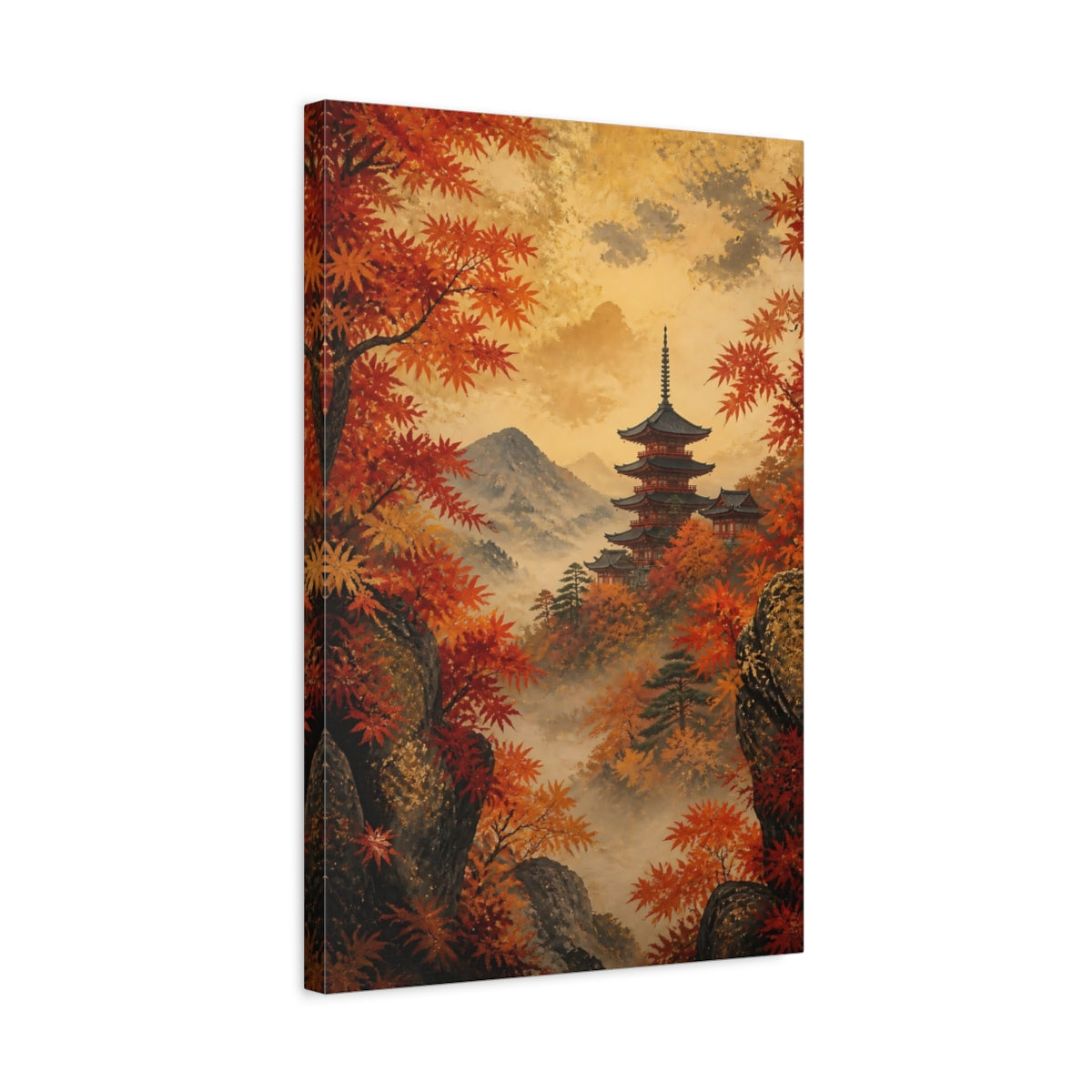 Side Mockup 3. Autumn Pagoda In Mist shown as canvas print