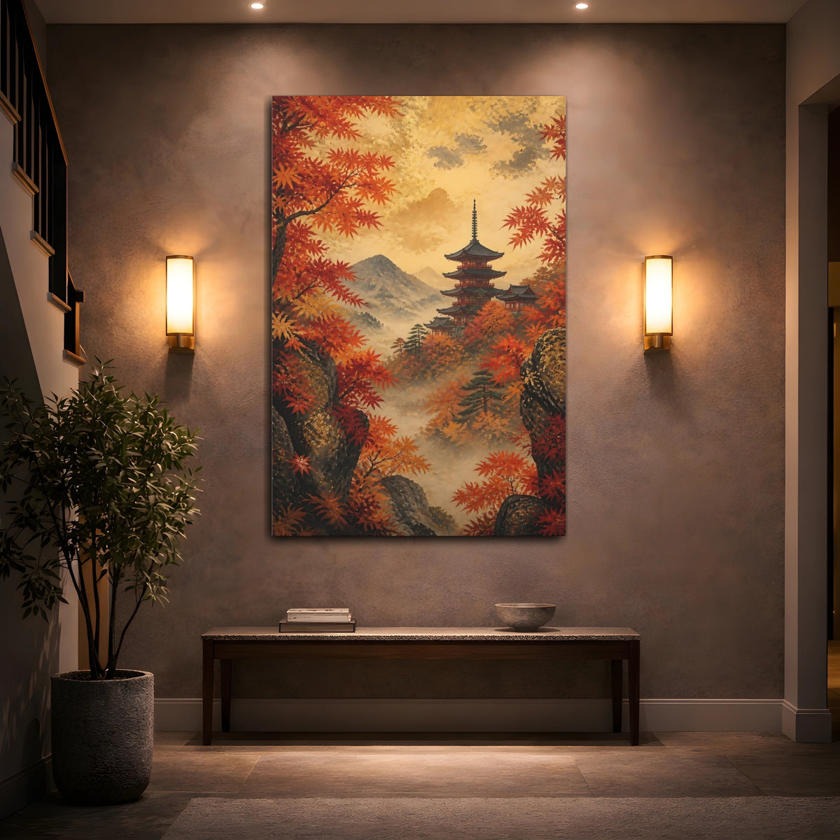 Mockup 2. Autumn Pagoda In Mist shown as canvas print
