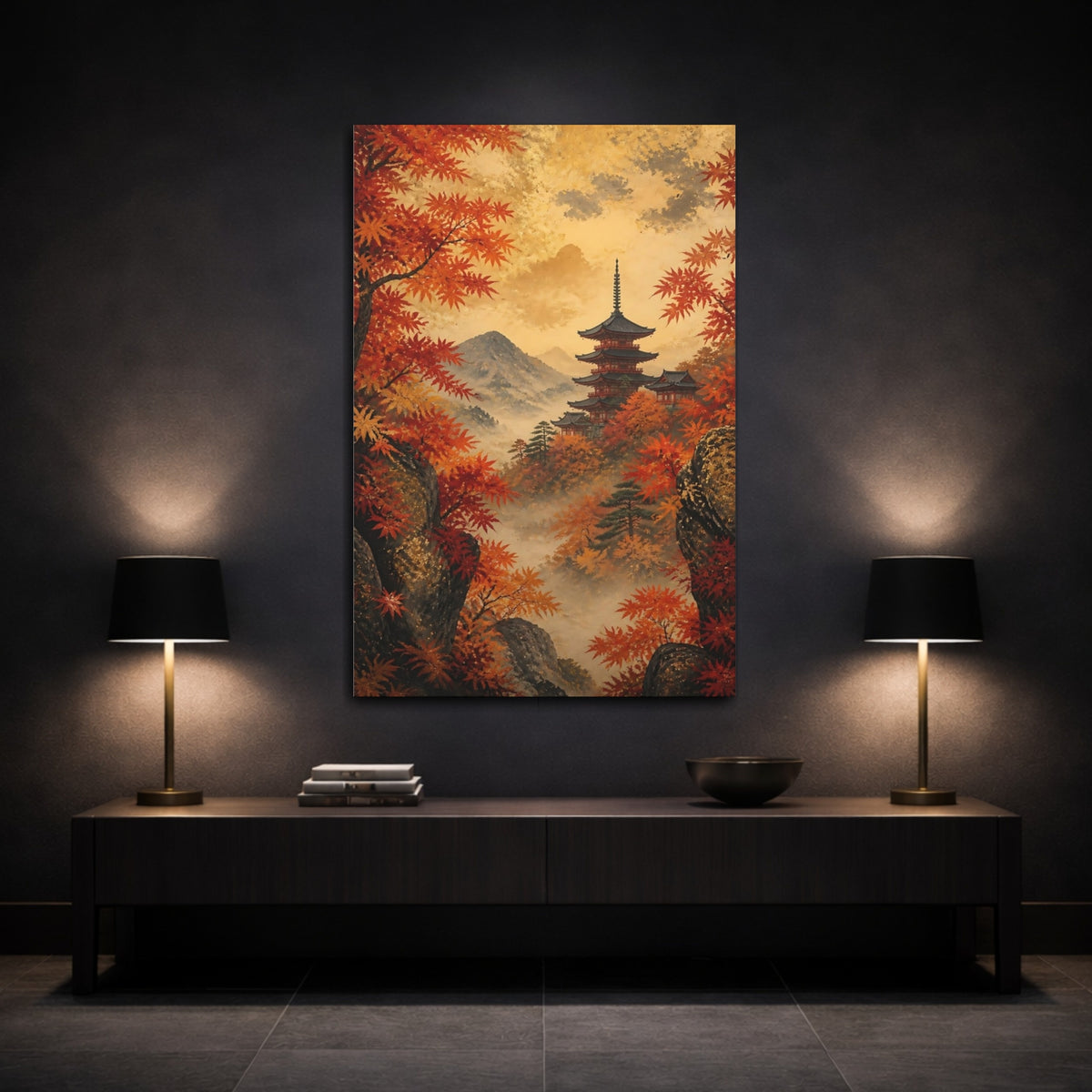 Mockup 3. Autumn Pagoda In Mist shown as canvas print