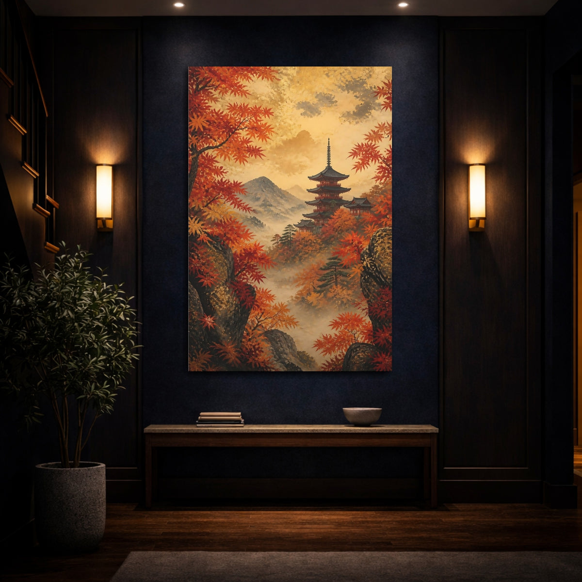 Mockup 4. Autumn Pagoda In Mist shown as canvas print