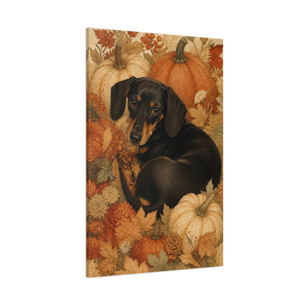 Side Mockup 1. Autumn Pet Dachshund shown as canvas print