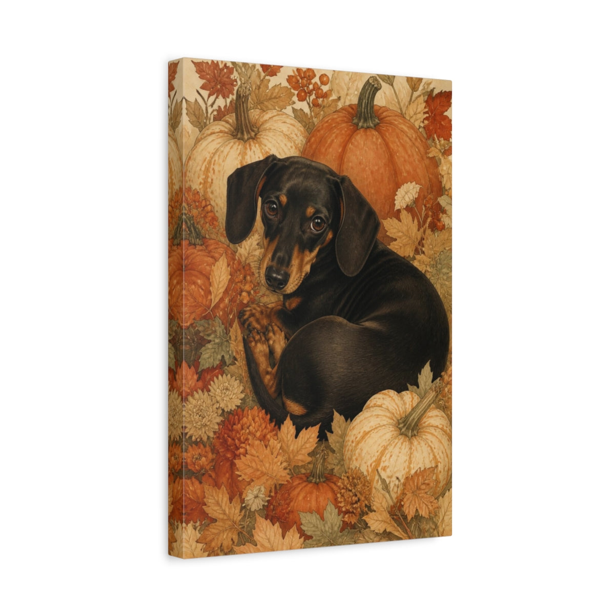 Side Mockup 4. Autumn Pet Dachshund shown as canvas print